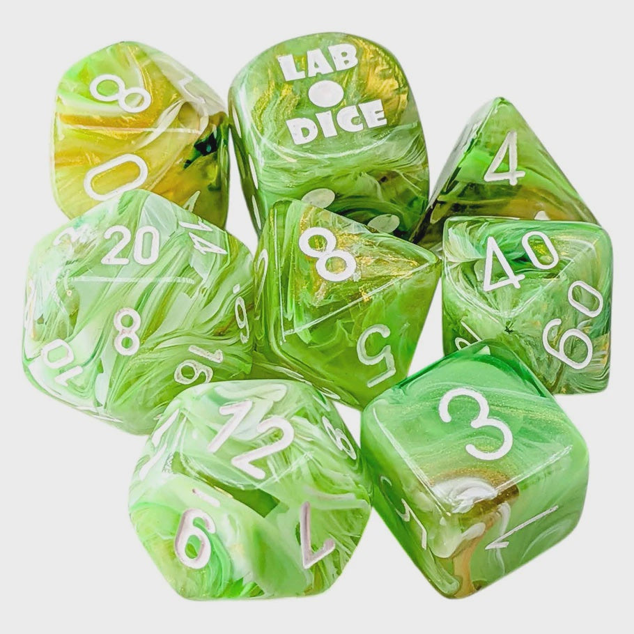 Chessex Marble Set Sour Green w/White (Lab Dice w/Black Light Reactive)
